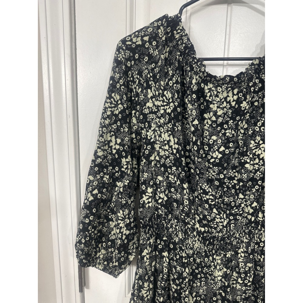 Knox Rose Black Green Floral Smocked Waist Midi Dress Womens Medium Boho Ruffle - Picture 9 of 12